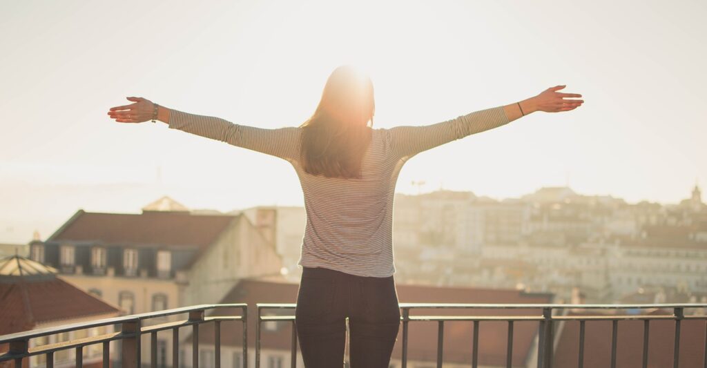 balcony, person, standing