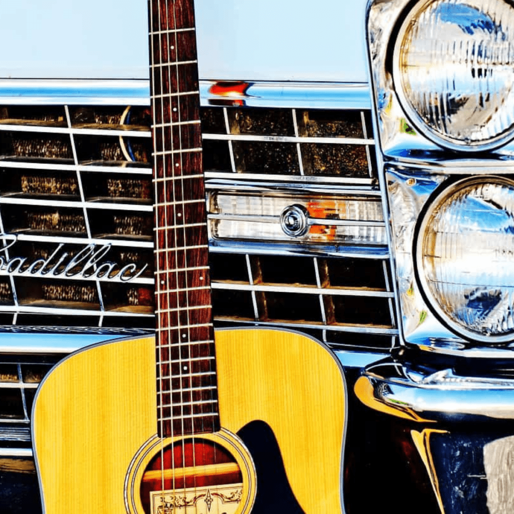 vintage car, guitar, headlights-