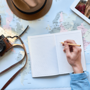 journaling, hat, camera, map